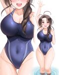  1girl absurdres antenna_hair blue_swimsuit breasts brown_eyes brown_hair cleavage commentary_request commission competition_swimsuit covered_navel head_out_of_frame highleg highleg_swimsuit highres kibihimi large_breasts long_hair love_hina one-piece_swimsuit otohime_mutsumi simple_background soaking_feet solo standing swimsuit thigh_gap water waving white_background zoom_layer 