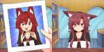  2022 animal_humanoid bottle brooch brown_hair canid canid_humanoid canine canine_humanoid clothed clothing comic ear_tuft female frown hair humanoid inside kagerou_imaizumi mammal mammal_humanoid mywool photo red_eyes smile solo touhou tuft video_games wolf_humanoid 