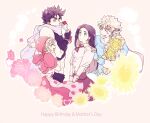  2boys 2girls abs bandana battle_tendency black_hair blonde_hair blue_eyes blue_scarf blush caesar_anthonio_zeppeli crop_top dress earrings feather_hair_ornament feathers fingerless_gloves flower gloves hair_ornament happy_birthday headband jewelry jojo_no_kimyou_na_bouken joseph_joestar joseph_joestar_(young) kamabo_ko midriff mother&#039;s_day multicolored_clothes multicolored_scarf multiple_boys multiple_girls pink_scarf red_dress scarf striped striped_scarf sunflower suzi_q vertical-striped_scarf vertical_stripes 