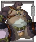 american_black_bear anthro armor black_bear brown_body brown_fur chest_fur clothed clothing fangs fur hi_res male mammal nipples partially_clothed rampie scar solo tattoo tharsix ursid ursine white_body white_fur 