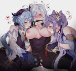  3girls ahoge bell black_gloves blue_hair blush breast_sucking breasts collarbone commentary covered_navel covering_mouth cowbell detached_sleeves earrings eyebrows_visible_through_hair fff_threesome fingering fingering_through_clothes fingerless_gloves fingernails ganyu_(genshin_impact) genshin_impact gloves goat_horns green_nails grey_background group_sex hair_cones hair_ornament hair_over_one_eye hand_under_clothes heart horns jewelry keqing_(genshin_impact) large_breasts long_hair multiple_girls nail_polish negom nipples one_eye_closed open_mouth purple_eyes purple_hair pussy_juice pussy_juice_drip_through_clothes red_eyes saliva saliva_drip saliva_trail shenhe_(genshin_impact) simple_background spoken_heart spread_legs sweat threesome through_clothes tongue tongue_out twintails white_hair yuri 