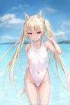  1girl animal_ears arm_behind_back bangs blonde_hair blue_sky blush breasts chucolala cloud cloudy_sky collarbone cowboy_shot day eyebrows_visible_through_hair hair_between_eyes hand_up highleg highleg_swimsuit highres jawr8473 long_hair looking_at_viewer medium_breasts navel ocean one-piece_swimsuit outdoors red_eyes sky smile solo standing suzumiya_rin swimsuit tail twintails very_long_hair virtual_youtuber wading water wet white_swimsuit 