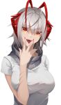  1girl absurdres antenna_hair arknights bangs breasts eyebrows_visible_through_hair fangs fingernails grey_scarf grey_shirt highres horns large_breasts long_fingernails looking_at_viewer multicolored_hair nail_polish open_mouth red_eyes red_hair red_nails scar scar_on_arm scarf shirt short_sleeves silver_hair simple_background solo teeth tongue tongue_out two-tone_hair upper_body upper_teeth w_(arknights) white_background yueyue_no_hand 