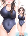  1girl absurdres antenna_hair blue_swimsuit breasts brown_eyes brown_hair cleavage commentary_request commission covered_navel head_out_of_frame highleg highleg_swimsuit highres kibihimi large_breasts long_hair love_hina otohime_mutsumi school_swimsuit simple_background soaking_feet solo standing swimsuit thigh_gap water waving white_background zoom_layer 