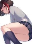  1girl bang_dream! bangs black_hair black_legwear black_skirt closed_mouth commentary_request feet_out_of_frame grey_jacket haneoka_school_uniform jacket kneehighs long_sleeves looking_at_viewer lying miniskirt mitake_ran multicolored_hair on_side panties pantyshot plaid plaid_skirt pleated_skirt red_eyes red_hair saikuu school_uniform short_hair simple_background skirt solo streaked_hair thighs two-tone_hair underwear white_background white_panties 