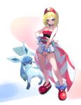  absurdres arm_wrap blonde_hair chung1000 eyebrow_cut eyelashes forked_tail glaceon highres irida_(pokemon) knees poke_ball poke_ball_(legends) pokemon pokemon_(creature) pokemon_(game) pokemon_legends:_arceus red_headwear red_shirt shirt short_hair shorts strapless strapless_shirt tail waist_cape white_shorts 