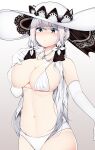  1girl absurdres azur_lane bikini blue_eyes blush breasts cleavage cowboy_shot elbow_gloves gloves hat highres illustrious_(azur_lane) jewelry lace-trimmed_headwear lace_trim large_breasts long_hair necklace samip solo standing sun_hat swimsuit underwear white_bikini white_gloves white_hair white_headwear 