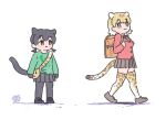  2girls :3 alternate_costume animal_ears animal_print backpack bag black_gloves black_hair black_legwear black_leopard_(kemono_friends) black_skirt blonde_hair blush commentary_request eyebrows_visible_through_hair gloves green_shirt grey_skirt handbag imnim_leef jacket kemono_friends leopard_(kemono_friends) leopard_ears leopard_girl leopard_print leopard_tail long_sleeves multiple_girls pantyhose pleated_skirt print_legwear randoseru red_jacket school_uniform shirt short_hair short_twintails skirt tail thighhighs twintails yellow_eyes zettai_ryouiki 