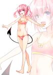 1girl :d bikini breasts commentary_request demon_tail happy highres long_hair looking_at_viewer nana_asta_deviluke navel official_art open_mouth pink_bikini pink_eyes pink_hair pink_theme small_breasts smile solo standing swimsuit tail to_love-ru twintails yabuki_kentarou zoom_layer 