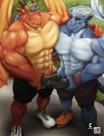  akuro anthro arms_over_shoulders big_muscles big_pecs big_penis black_penis blue_body bros_being_bros clothed clothing comparing comparing_penis dragon duo english_text footwear frottage genitals grin hat headgear headwear hi_res male male/male muscular muscular_anthro muscular_male nexus partially_clothed pecs penis public public_nudity red_body sebin sex shoes smile sneakers text 