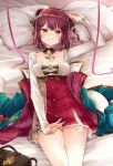  1girl alt_(ctrldel) atelier_(series) atelier_sophie bag bangs bed_sheet blush braid breasts commentary_request detached_collar eyebrows_visible_through_hair green_jacket hair_between_eyes highres jacket long_sleeves looking_at_viewer lying medium_breasts on_back pillow red_eyes red_hair red_skirt shirt short_hair sidelocks single_braid skirt smile solo sophie_neuenmuller white_shirt 