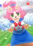  animal_ears big_eyes cartoon_network cat cat_ears cat_girl cheerleader confetti creepycrawly fangs furry furry_female green_pupils highres open_mouth pink_hair pom_pom_(cheerleading) red_ribbon ribbon short_twintails summer_camp_island susie_sci twintails 