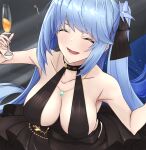  1girl azur_lane bangs bare_shoulders black_dress black_ribbon blue_hair breasts breasts_apart champagne_flute chuu_(rinet) cleavage closed_eyes collarbone commentary_request cup dress drinking_glass drunk essex_(azur_lane) essex_(craft_fairytail)_(azur_lane) evening_gown from_above hair_ribbon halter_dress halterneck highres jewelry large_breasts necklace official_alternate_costume one_side_up open_mouth ribbon sidelocks sleeveless sleeveless_dress smile solo 