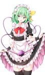  1girl alternate_costume apron bangs black_dress black_legwear black_wristband blush breasts buttons collared_dress commentary_request cowboy_shot dress enmaided eyeball feet_out_of_frame frilled_apron frilled_dress frilled_sleeves frills green_eyes green_hair hair_ribbon headband headdress heart heart_of_string komeiji_koishi kuraaken lifted_by_self maid maid_apron maid_headdress medium_breasts neck_ribbon puffy_short_sleeves puffy_sleeves red_ribbon ribbon shiny shiny_hair short_hair short_sleeves simple_background solo standing thighhighs thighs third_eye tongue tongue_out touhou waist_apron white_apron white_background wing_collar wrist_cuffs yellow_ribbon 