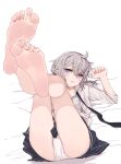  1girl absurdres ass bangs bare_legs barefoot bed_sheet black_necktie blue_skirt blush breasts collarbone commentary_request embarrassed eyebrows_visible_through_hair eyelashes feet foot_focus foreshortening from_above girls&#039;_frontline grey_hair hair_between_eyes head_tilt highres kahlua_(artist) legs legs_up looking_at_viewer lying m200_(girls&#039;_frontline) medium_hair miniskirt necktie on_back open_clothes open_shirt panties pantyshot pleated_skirt purple_eyes shadow shirt skirt small_breasts soles solo thighs toes underwear white_background white_panties white_shirt 