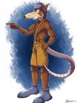  2020 anthro armor bottomwear brown_body brown_fur cigar cigar_in_mouth cigar_smoke clenched_teeth clothing cuphead_(game) footwear fur gesture hand_on_hip headgear helmet hi_res horn horned_helmet long_nose looking_away male mammal marcushunter murid murine pants pointing rat rodent shirtless shirtless_male shoes side_view solo standing suspenders teeth video_games werner_werman whiskers 