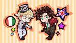  2boys argyle battle_tendency blonde_hair bottle bow bowtie brown_hair caesar_anthonio_zeppeli chibi facial_mark feather_hair_ornament feathers fingerless_gloves gloves green_eyes grin hair_ornament italian_flag jacket jojo_no_kimyou_na_bouken joseph_joestar joseph_joestar_(young) kamabo_ko male_focus multiple_boys necktie one_eye_closed padded_coat pants red_jacket smile star_(symbol) striped striped_pants suspenders top_had union_jack 