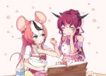  2girls :t ^_^ alternate_costume animal_ear_fluff animal_ears apron artist_name baking bare_shoulders black_hair black_nails blue_eyes book bow bowl closed_eyes commentary cooking dough eating eggshell english_commentary food food_on_face fruit hair_ribbon hakos_baelz hand_on_own_chest highres hololive hololive_english horns irys_(hololive) long_hair looking_at_another milk_carton mixing_bowl mouse mouse_ears mouse_girl mouse_tail mr._squeaks_(hakos_baelz) multicolored_hair multiple_girls multiple_horns nail_polish namii_(namialus_m) open_book pink_bow pink_nails pointy_ears red_hair ribbon simple_background sleeves_rolled_up smile strawberry streaked_hair tail virtual_youtuber whisk white_hair white_ribbon 