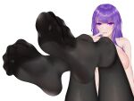  1girl bangs bare_shoulders barefoot black_legwear breasts closed_mouth eyebrows_visible_through_hair feet finger_to_mouth foot_focus genshin_impact legs_up lips long_hair looking_at_viewer medium_breasts pantyhose purple_eyes purple_hair raiden_shogun soles solo toes wd_(1106592840) white_background 