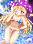  &gt;:) 1girl absurdres akanbe american_flag american_flag_bikini ass_visible_through_thighs bikini blonde_hair blue_bikini blush breasts bubble cameltoe cleavage clownpiece collarbone commentary cowboy_shot dutch_angle earth_(planet) fang finger_to_eye flag_print groin hand_on_hip hat heart heart_in_eye highres jester_cap knees_together_feet_apart long_hair looking_at_viewer moon naughty_face navel ocean one_eye_closed outdoors planet polka_dot_headwear purple_eyes purple_headwear red_bikini reijing_etrn side-tie_bikini small_breasts smile solo space star_(symbol) star_print striped striped_bikini swimsuit symbol_in_eye tongue tongue_out touhou underboob v-shaped_eyebrows 