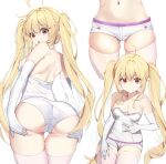  1girl ahoge ass ass_support bangs bare_shoulders blonde_hair breasts chukibabo2 covered_navel elbow_gloves elf eyebrows_visible_through_hair gloves highres long_hair looking_at_viewer medium_breasts micro_shorts multiple_views navel original pointy_ears red_eyes shirt shorts strapless strapless_shirt thighhighs twintails v-shaped_eyebrows very_long_hair white_gloves white_legwear 