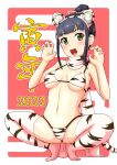  1girl 2022 animal_ears animal_print bikini black_hair breasts chinese_zodiac commentary_request curled_fingers full_body green_eyes hamaguchi_ayame highres idolmaster idolmaster_cinderella_girls medium_breasts rakukisa scarf sidelocks smile solo squatting swimsuit tail thighhighs tiger_ears tiger_print tiger_tail white_bikini white_legwear white_scarf year_of_the_tiger 