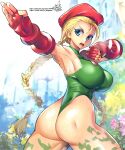  1girl armpits ass bangs beret blonde_hair blue_eyes bodypaint braid breasts cammy_white green_leotard hat highres large_breasts leotard long_hair looking_at_viewer open_mouth pixiv_id plant red_headwear signature solo street_fighter street_fighter_ii_(series) thong_leotard twin_braids twitter_username umigarasu_(kitsune1963) v-shaped_eyebrows 