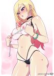  1girl artist_name bangs bikini bikini_pull black_choker blonde_hair border bracelet breasts choker clothes_pull colored_tips ear_piercing earrings floral_print halterneck jewelry kajin_(kajinman) kitagawa_marin large_breasts long_hair multi-strapped_bikini multicolored_hair navel necklace nipples piercing pink_hair print_bikini red_eyes ring shiny shiny_skin solo sono_bisque_doll_wa_koi_wo_suru standing sweat swimsuit tan tanlines tape_measure teeth web_address white_border 