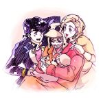  2boys 2girls baby bomber_hat coat diamond_wa_kudakenai earrings family gakuran higashikata_josuke jewelry jojo_no_kimyou_na_bouken joseph_joestar joseph_joestar_(old) kamabo_ko kujo_holy light_brown_hair multiple_boys multiple_girls old old_man pompadour purple_hair school_uniform shizuka_joestar stand_(jojo) 