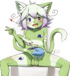  &lt;3 anthro arbre_(hane) blush chaos_iyoji domestic_cat eye_nipples felid feline felis genitals gesture green_body hair heterochromia hi_res highlights_(coloring) inner_ear_fluff loose_hair male mammal multicolored_body nude open_mouth open_smile penis purple_highlights reptile scalie signature sitting smile snake snake_penis solo spread_legs spreading stomach_mouth tongue tongue_out tuft two_tone_body unusual_anatomy unusual_genitalia unusual_penis v_sign white_body white_hair 
