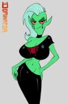  alien alien_humanoid big_breasts bottomwear breasts choker cleavage clothed clothing curvaceous curvy_figure daredemon7000 disney english_text female fingers green_body grey_background hair half-closed_eyes hand_on_hip humanoid humanoid_pointy_ears jewelry long_hair looking_at_viewer lord_dominator midriff narrowed_eyes navel necklace not_furry portrait red_sclera simple_background small_waist solo standing text three-quarter_portrait topwear voluptuous wander_over_yonder white_hair wide_hips 