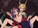  2girls absurdres alternate_costume antlers belt blonde_hair dragon_girl dragon_horns dragon_tail dress ear_piercing highres holding holding_pipe horns japanese_clothes jewelry kicchou_yachie kimono kiseru komakusa_sannyo looking_at_viewer multiple_girls off_shoulder open_mouth piercing pipe purple_hair purple_skirt red_eyes red_kimono red_robe ribbon short_hair skirt smile smoke smoking stank tail tobacco touhou turtle_shell wide_sleeves yellow_ribbon 