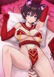  1girl :o animal_ears arm_behind_head bangs black_hair blue_archive blue_eyes breast_curtains breath c_(theta) cameltoe feet_out_of_frame hair_between_eyes hand_up highres knee_up looking_at_viewer lying on_back on_bed pelvic_curtain pillow rope shimenawa short_hair solo tsubaki_(blue_archive) 
