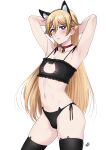  1boy animal_ears ayukawa_ryuuji bell black_legwear black_panties blonde_hair blue_period blush bra bulge cat_cutout cat_ears closed_mouth clothing_cutout fake_animal_ears highres jingle_bell long_hair male_focus navel neck_bell otoko_no_ko panties purple_eyes ribs simple_background solo thighhighs underwear white_background xter 