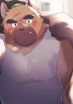  anthro blush brown_body brown_fur canid canine canis clothing domestic_dog eyebrows fur hi_res lifewonders looking_at_viewer male mammal musclegut sawch_cls scar shirt solo tank_top thick_eyebrows tokyo_afterschool_summoners topknot topwear video_games yasuyori 