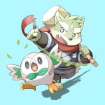  2022 absurd_res anthro black_nose canid canine canis clothed clothing cute_fangs domestic_dog duo green_body hi_res humanoid_hands kemono kinoshita-jiroh mammal nintendo pok&eacute;mon pok&eacute;mon_(species) rowlet scarf simple_background slightly_chubby the_spicy_ninja_scrolls video_games wasabi_(the_spicy_ninja_scrolls) weapon 