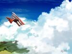  aircraft airplane artist_name biplane blue_sky cloud commentary_request day midair original outdoors scenery signature sky waisshu_(sougyokyuu) 