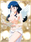  1990s_(style) 1girl bangs blue_eyes blue_hair blush border breasts cowboy_shot eyebrows_visible_through_hair feathered_wings fujiwara_aya holding holding_paper long_hair medium_breasts navel nipples non-web_source nude official_art paper retro_artstyle smile snowflake_background solo super_real_mahjong tanaka_ryou topless white_wings wings 