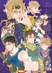  1girl 6+boys bare_shoulders battle_tendency black_hair blue_eyes blue_jacket brown_hair bubble caesar_anthonio_zeppeli crop_top diamond_wa_kudakenai dio_brando gakuran ganbaru_(woainini) giorno_giovanna green_scarf hat headband heart higashikata_josuke jacket jojo_no_kimyou_na_bouken jonathan_joestar joseph_joestar joseph_joestar_(young) kakyoin_noriaki kujo_jolyne midriff multicolored_clothes multicolored_scarf multiple_boys phantom_blood pompadour scarf school_uniform spider_web_print stardust_crusaders stone_ocean striped striped_scarf vento_aureo vertical-striped_scarf vertical_stripes yellow_eyes yellow_scarf 