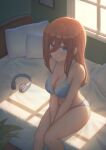  1girl absurdres bangs bed bedroom between_legs blue_bra blue_eyes blue_panties blush bra breasts brown_hair cleavage closed_mouth evening eyebrows_visible_through_hair from_above go-toubun_no_hanayome hair_between_eyes hand_between_legs headphones highres large_breasts legs_together light_blush long_hair looking_at_viewer looking_up nakano_miku navel on_bed own_hands_together panties pillow shadow shy sitting sitting_on_bed solo sunlight sunset thighs underwear underwear_only window yihsien 