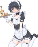  1boy absurdres aceofbros alcohol apron black_hair blue_eyes brown_eyes crossdressing freckles glass heterochromia highres indie_virtual_youtuber maid maid_apron maid_headdress matanori_morgan thick_thighs thighhighs thighs tray virtual_youtuber 