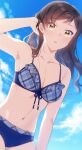  1girl armpits bare_arms bikini blue_bikini blue_ribbon blue_sky breasts brown_hair cleavage collarbone day floating_hair front-tie_bikini front-tie_top hand_in_hair idolmaster idolmaster_million_live! kitazawa_shiho long_hair looking_at_viewer medium_breasts navel open_mouth outdoors ribbon shiny shiny_hair sky solo straight_hair swimsuit touon yellow_eyes 