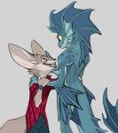  animal_humanoid anthro big_ears blue_body blue_skin blue_tail brown_body brown_fur brown_tail canid canine duo elranno fennec fennec_boy_(elranno) fish fish_boy_(elranno) fish_humanoid flannel_shirt fox frill_(anatomy) fur gills hand_on_hip hand_on_shoulder humanoid male male/male mammal marine marine_humanoid nude size_difference smile yellow_eyes yellow_sclera 