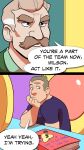  2019 blue_clothing blue_shirt blue_topwear canid canine canis clothing comic desk dialogue domestic_dog duo english_text facial_hair furniture furry_force hand_on_chin hi_res human komoroshi_(artist) male male/male mammal military_uniform mustache necktie pawpads paws scratching_head screen shirt sitting speech_bubble table text topwear uniform video_call wilson_(furry_force) 