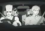  4boys beard car_interior chain driving eyes_in_shadow facial_hair flattop gakuran greyscale hat jean_pierre_polnareff jojo_no_kimyou_na_bouken joseph_joestar joseph_joestar_(old) kakyoin_noriaki kujo_jotaro male_focus monochrome multiple_boys old old_man school_uniform sempon_(doppio_note) sleeping stardust_crusaders 