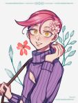  1boy cherry_blossoms chest_cutout flower freckles hair_flower hair_ornament jojo_no_kimyou_na_bouken long_hair male_focus pink_hair purple_hair ribbed_sweater sempon_(doppio_note) short_ponytail solo sweater vento_aureo vinegar_doppio yellow_eyes 