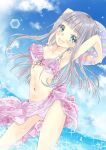  1girl :d absurdres armpits arms_up atelier_lulua ateliermiyama ball bangs beachball bikini blue_eyes blue_sky blunt_bangs blush breasts cleavage collarbone day dutch_angle elmerulia_fryxell floating_hair front-tie_bikini front-tie_top highres hime_cut holding holding_ball long_hair nail_polish navel ocean outdoors pink_nails sarong silver_hair sketch sky small_breasts smile solo sparkle standing straight_hair summer swimsuit wading white_bikini 