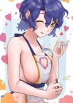 1girl apron blue_hair breasts brown_eyes c_(theta) cleavage cleavage_cutout clothing_cutout heart heart_cutout highres holding holding_ladle idolmaster idolmaster_million_live! ladle large_breasts licking_lips naked_apron one_eye_closed short_hair sideboob solo tasting_plate tongue tongue_out toyokawa_fuuka upper_body 