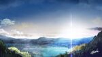  artist_name blue_sky cloud commentary_request day diffraction_spikes forest gradient_sky lake mountainous_horizon nature original outdoors scenery signature sky sunrise tree waisshu_(sougyokyuu) water 