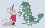  &lt;3 animal_humanoid anthro brown_body brown_fur brown_tail canid canine clothing duo elranno fennec fennec_boy_(elranno) fin fish fish_boy_(elranno) fish_humanoid fox frill_(anatomy) fur gift gills hands_clasped humanoid male male/male mammal marine marine_humanoid melee_weapon polearm red_clothing red_shirt red_topwear shirt spear speech_bubble teal_skin topwear weapon yellow_sclera 